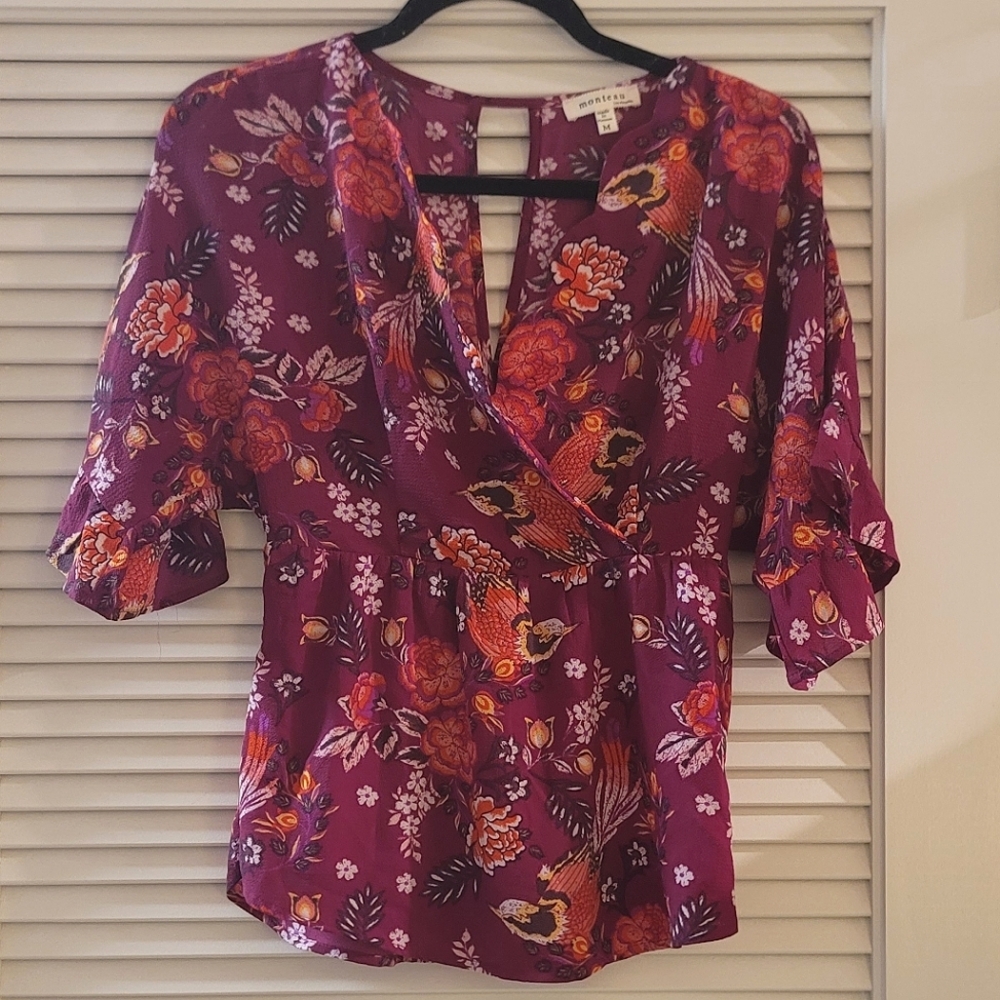 Monteau- Purple Floral & Bird Print Scalloped-Edge Top With Keyhole Back